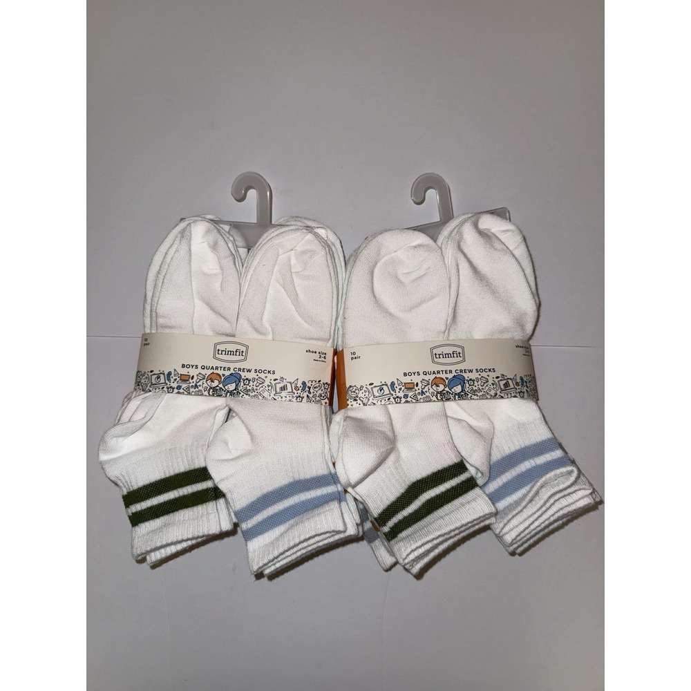 Trimfit Boys 20 Pair Quarter Crew Socks White 2-6 Striped Athletic Kids NEW